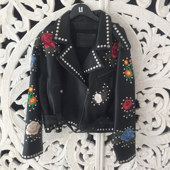 LF Carmar Black Leather Embroidered Moto Jacket - Picture 2 of 6